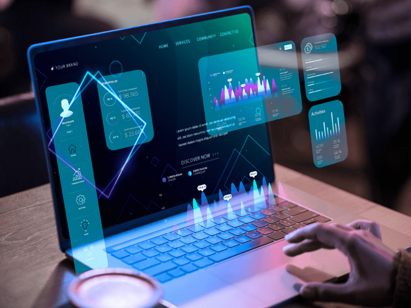 Free AI tools for Excel data analysis displayed on a futuristic laptop dashboard with charts and insights