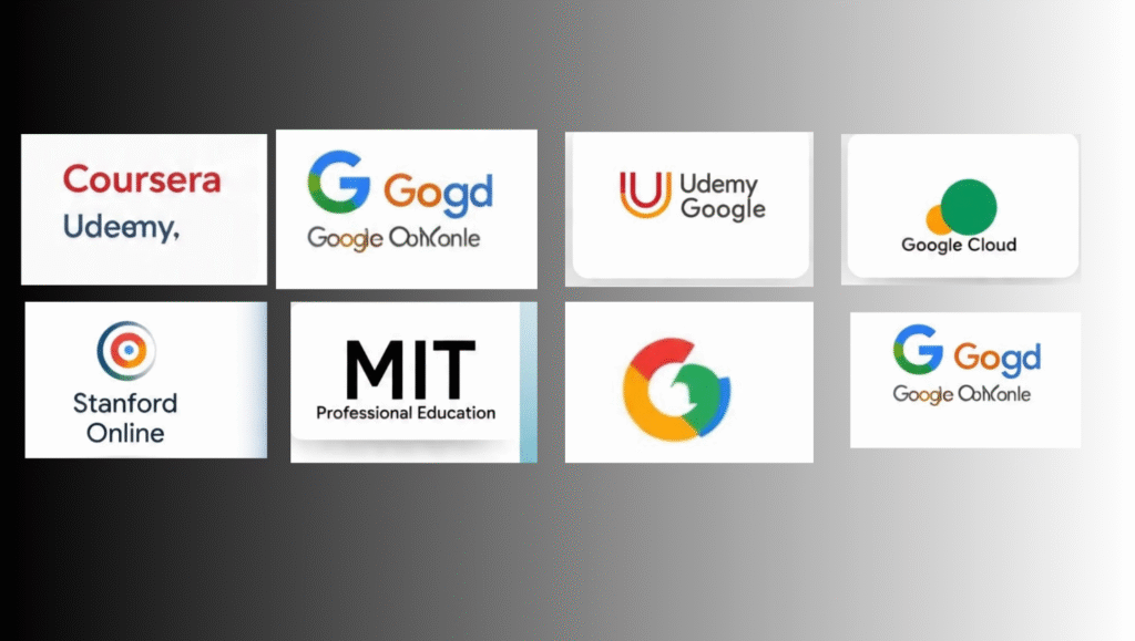 Platform logos for Best AI Courses for Product Managers - Coursera, Udemy, Google Cloud, Stanford, MIT