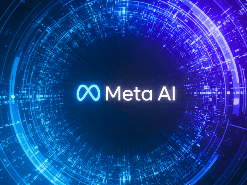 Meta AI logo with futuristic digital interface, representing Meta AI Courses and innovative artificial intelligence development.