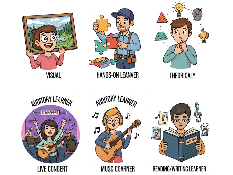 Illustration showing various learner types like visual, hands-on, theoretical, auditory, and reading/writing, related to Meta AI Courses for different learning styles