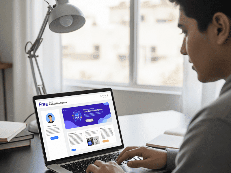 Student learning AI course online free on laptop at home