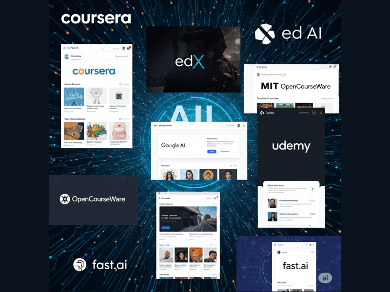 Logos and dashboards of top platforms offering AI course online free in 2025