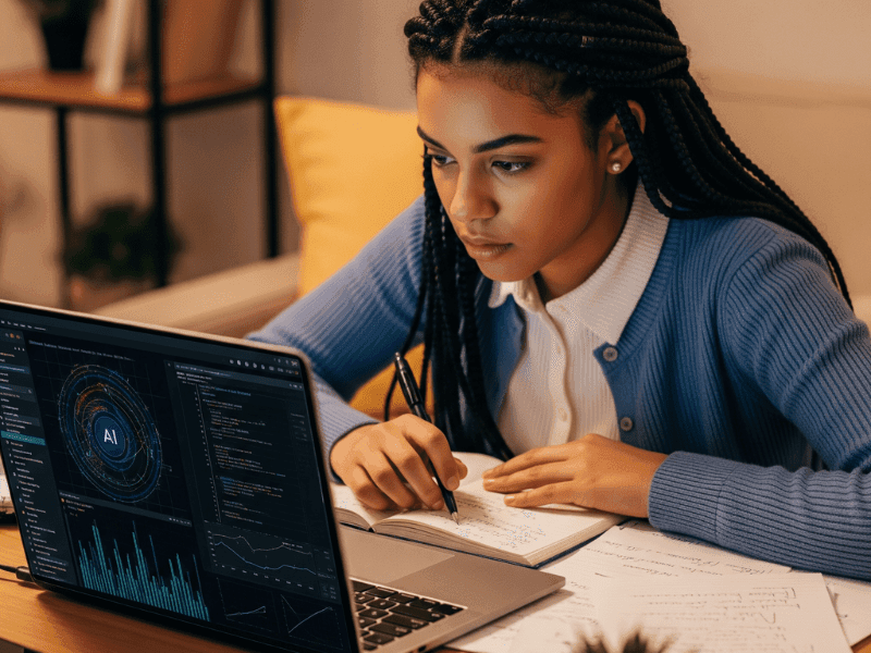Focused student taking notes while learning AI course online free