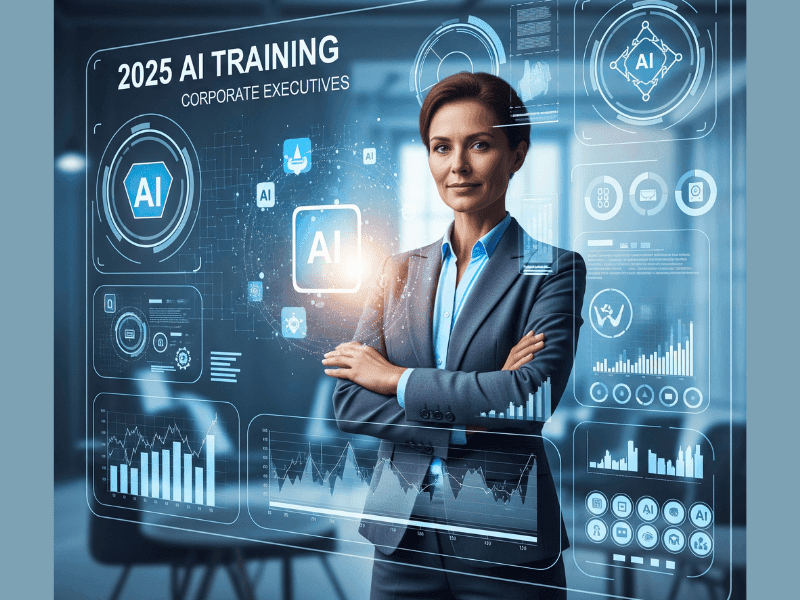 AI training for executives in 2025 – corporate leader standing in front of digital AI interface and futuristic data dashboards