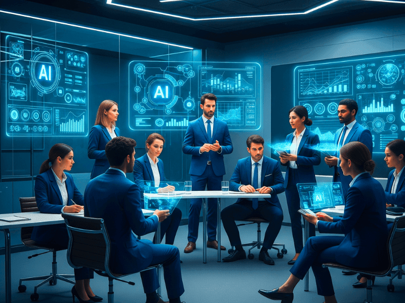 AI Training for Executives: Executives in suits at a modern AI seminar with digital screens.