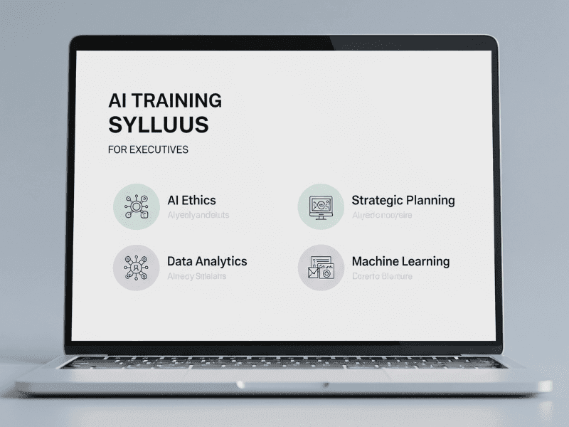 AI Training for Executives: Laptop screen showing syllabus with AI ethics, data analytics, and strategy.