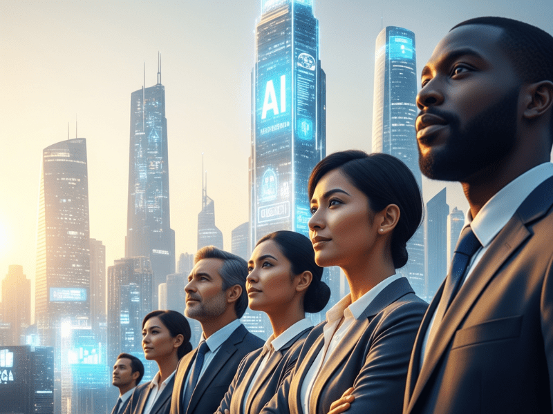 Embracing AI Future: Diverse executives looking confidently at a futuristic AI cityscape, symbolizing success after AI training for executives.