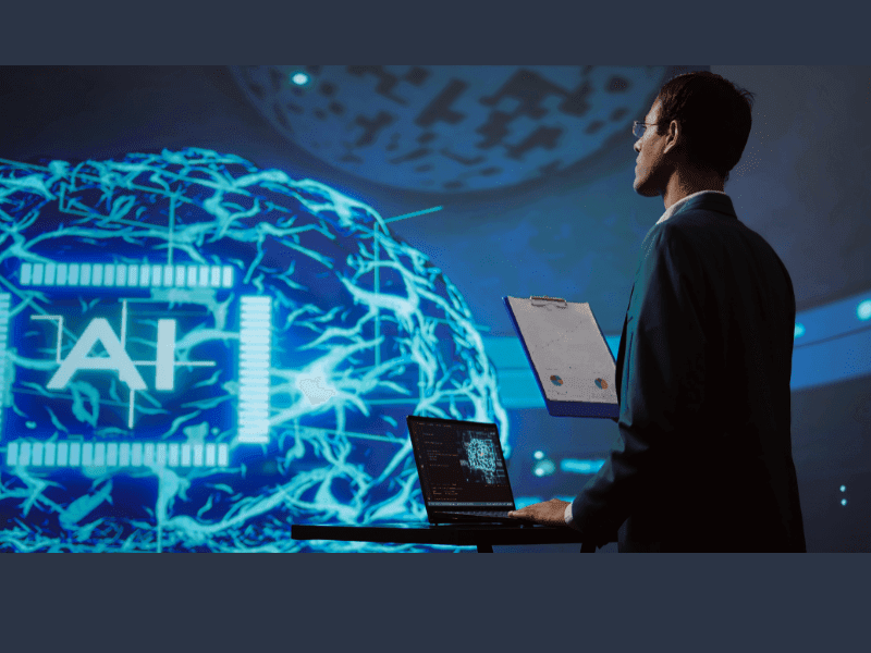 Business executive analyzing AI strategy with futuristic data visualization – Best AI course for executives