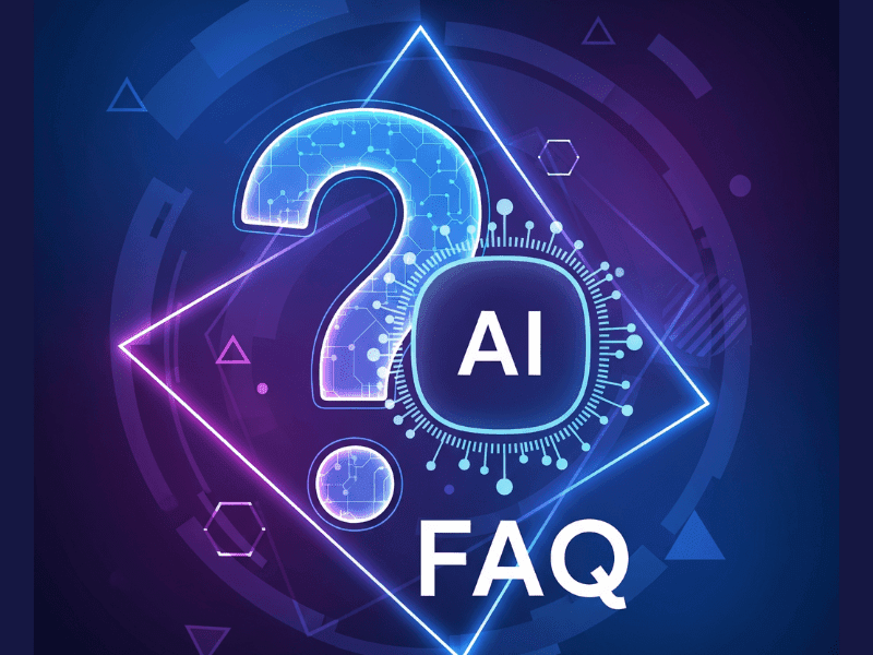 AI FAQ graphic with question mark and digital theme.