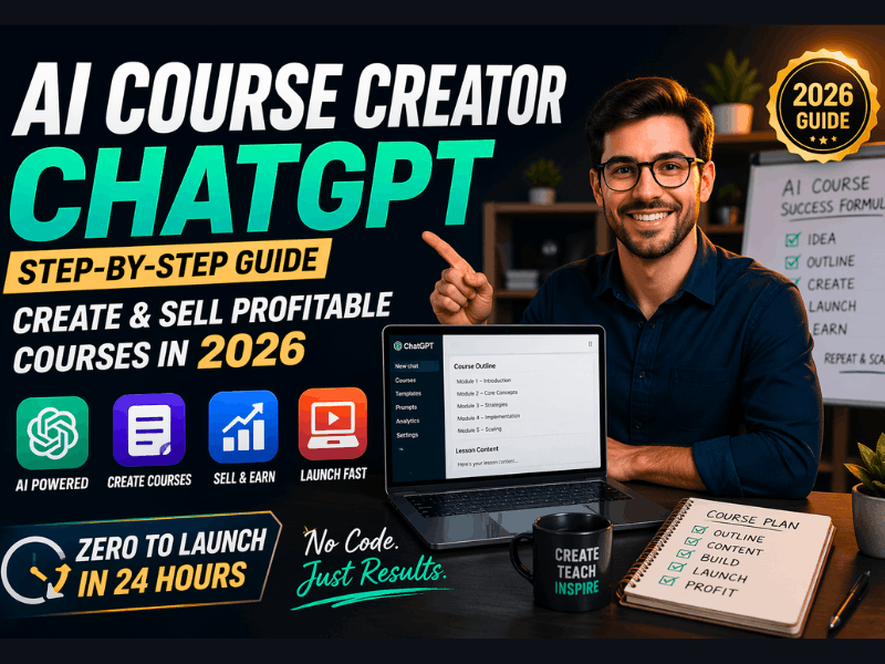 AI Course Creator ChatGPT step-by-step guide showing how to create and sell profitable online courses in 2026 using AI tools and no-code strategies.