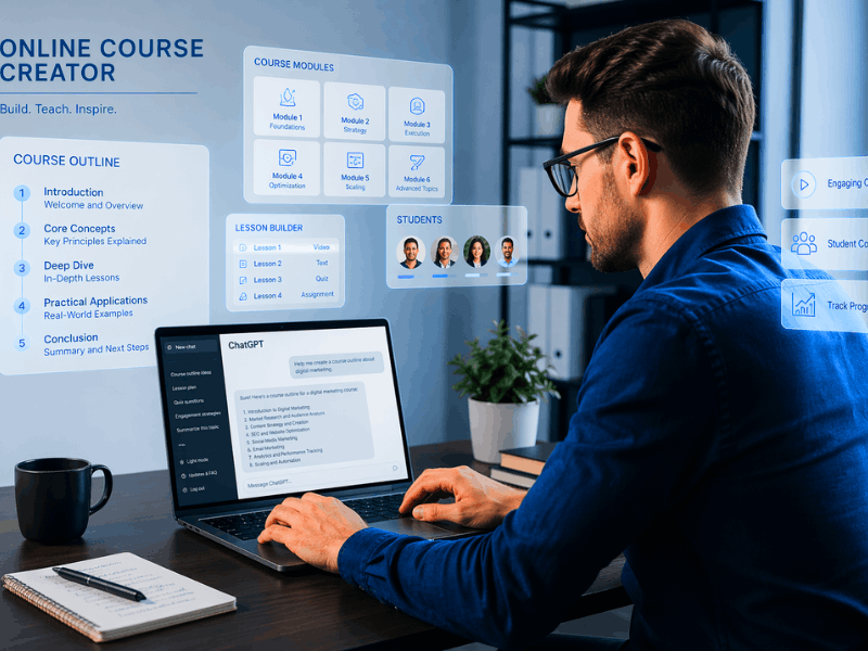 AI Course Creator ChatGPT building online course outline and modules.
