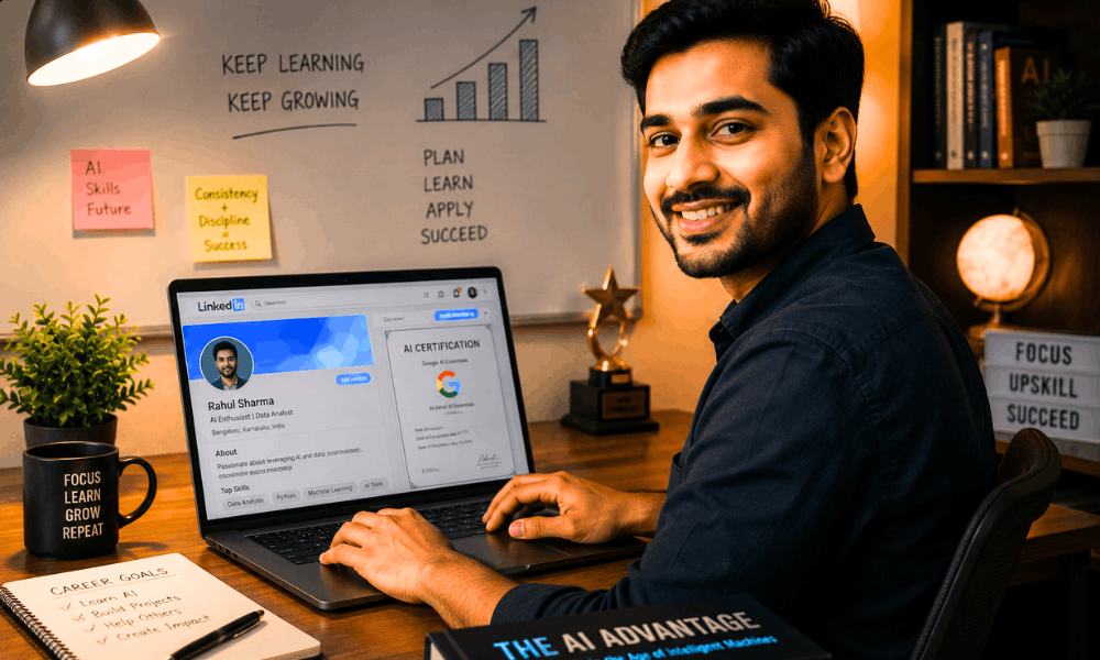 Best AI Courses 2026 - Professional updating LinkedIn with free AI certificate.