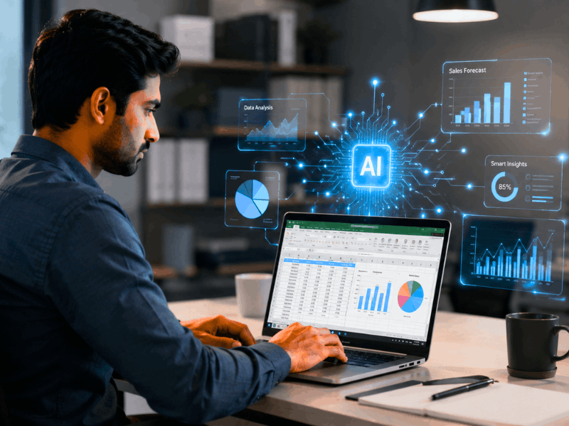 Free AI tools for Excel data analysis - Professional using AI powered Excel on laptop with smart insights.