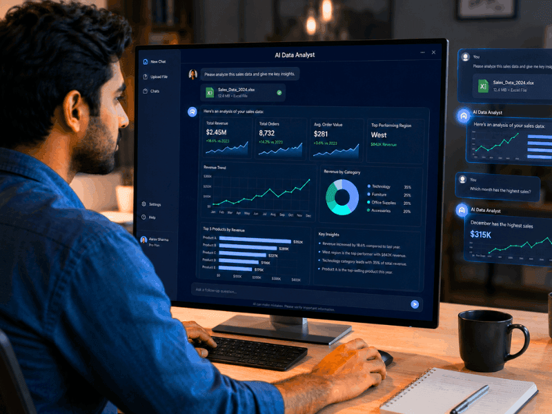 Free AI tools for Excel data analysis - AI chat analyzing sales data with insights and charts