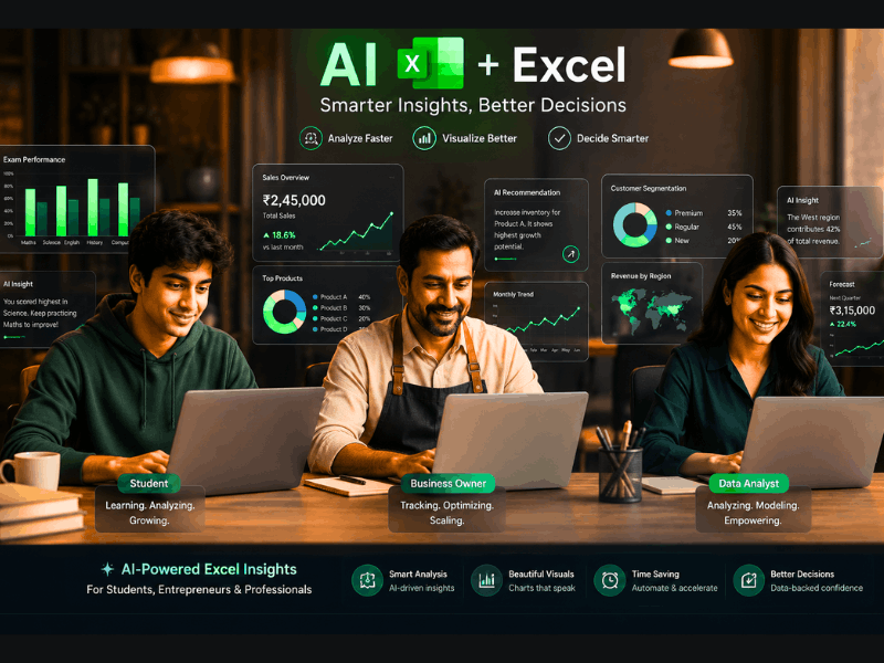 Free AI tools for Excel data analysis - Student, business owner and analyst using AI Excel insights.