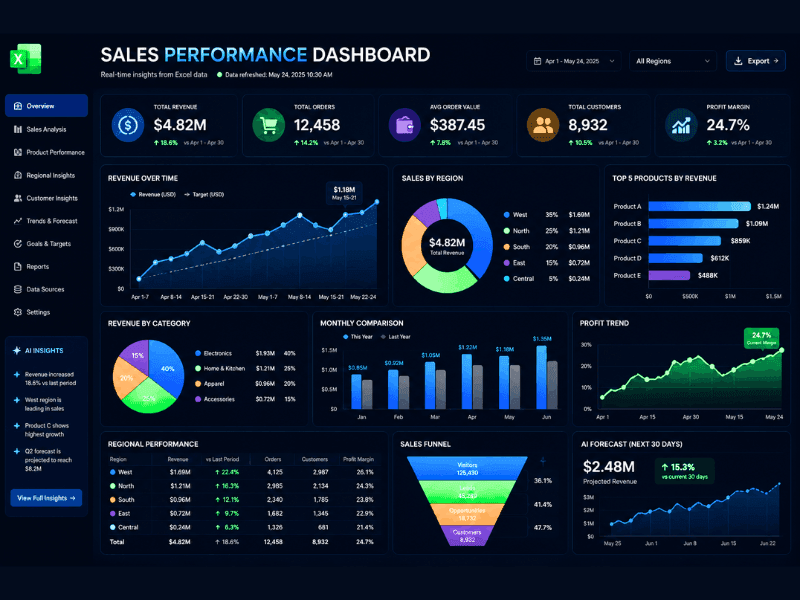 Free AI tools for Excel data analysis - Professional AI generated sales performance dashboard.