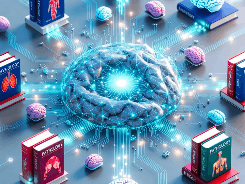 Abstract AI neural network connecting medical books and brain icons for best AI for medical students in 2026.