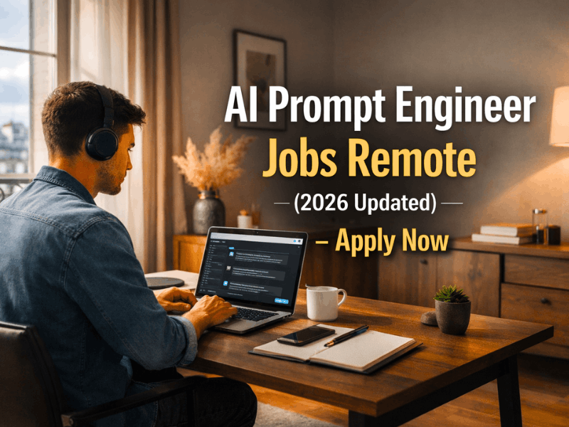 AI Prompt Engineer Jobs Remote 2026 featured image showing a professional working remotely on AI tools in a modern workspace with laptop and clean desk setup.