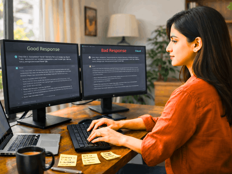 AI Prompt Engineer Jobs Remote - Comparing good and bad AI responses on dual monitors while working from home.