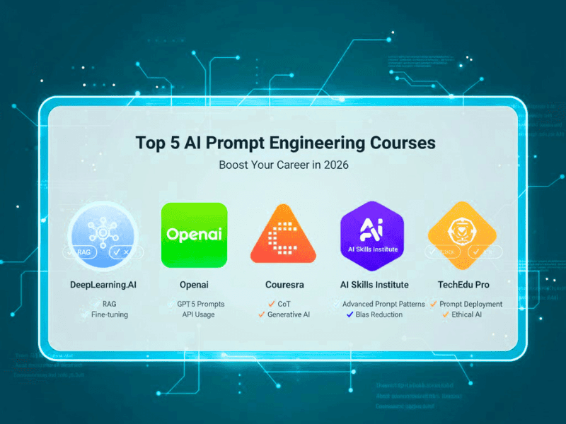 Best AI Prompt Engineer Courses to Boost Your Career in 2026 2 Top 5 AI Prompt Engineer Courses infographic 2026, featuring DeepLearning.AI RAG skills, OpenAI GPT prompts, and Coursera CoT for career boost.