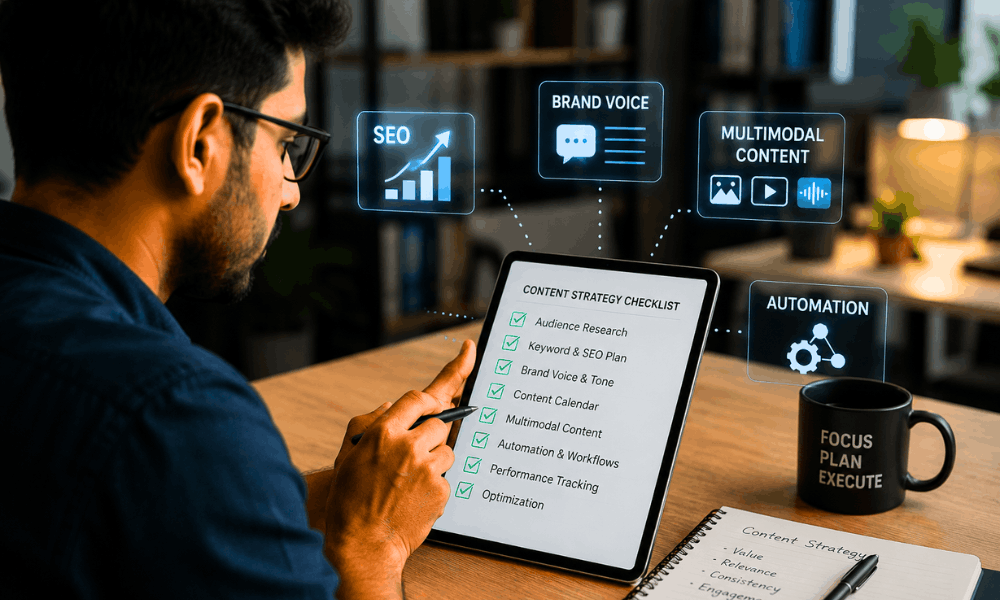 Content strategist checking Best Content AI Tools features on tablet.