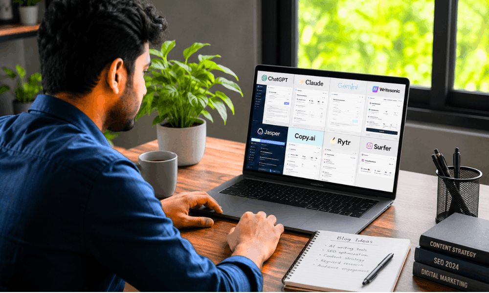 Best Content AI Tools dashboard on laptop used by content writer.