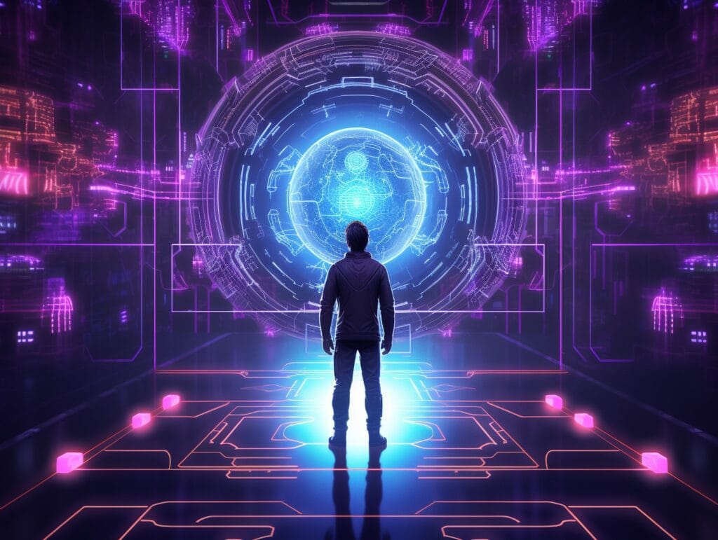 A futuristic digital interface glowing with vibrant icons and data visuals, symbolizing the bright future and career opportunities unlocked by AI prompt engineer courses in 2025.