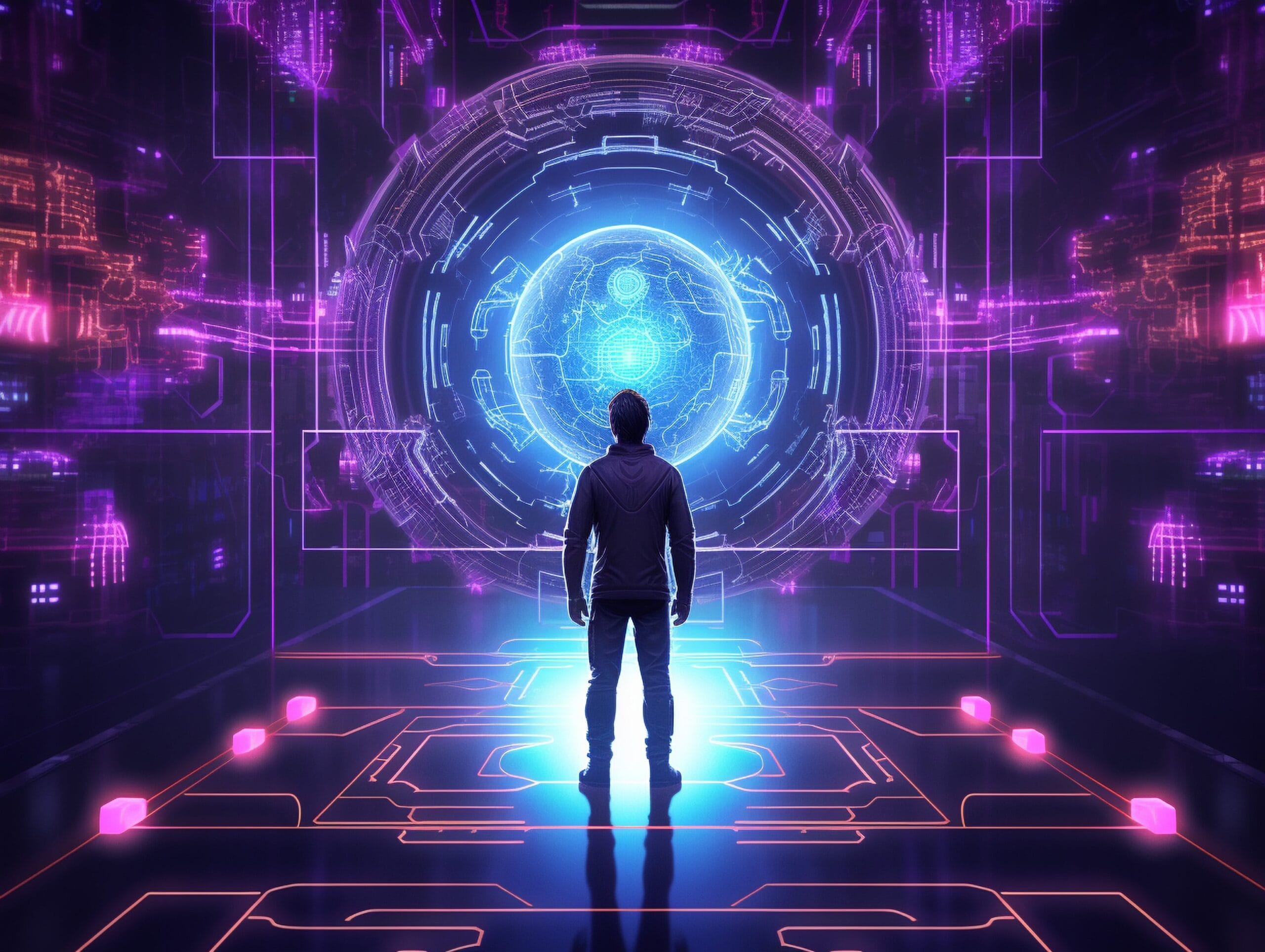A futuristic digital interface glowing with vibrant icons and data visuals, symbolizing the bright future and career opportunities unlocked by AI prompt engineer courses in 2025.