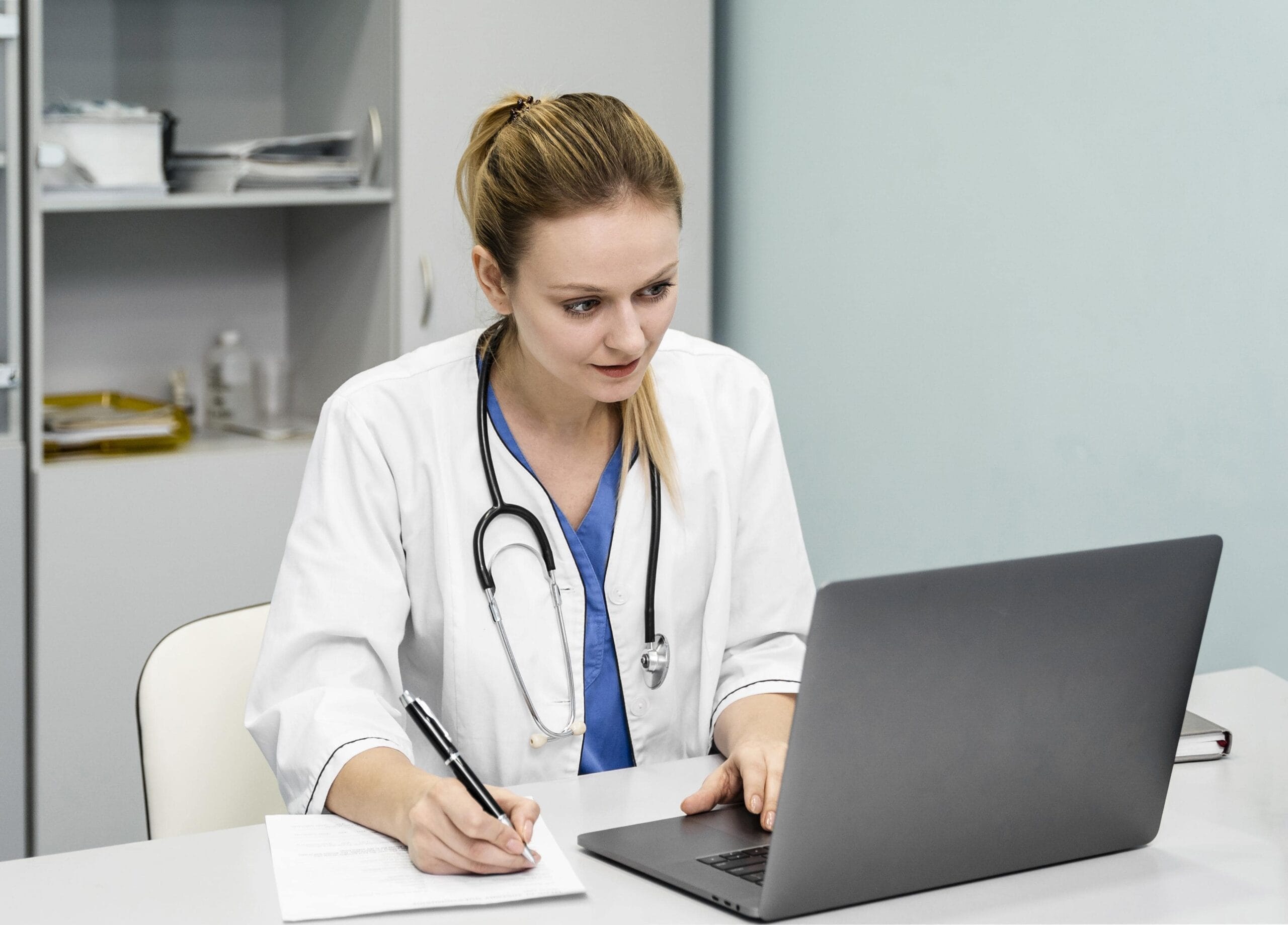 Confident medical student using the best AI for medical students on a laptop in a modern library, looking focused and successful in 2025
