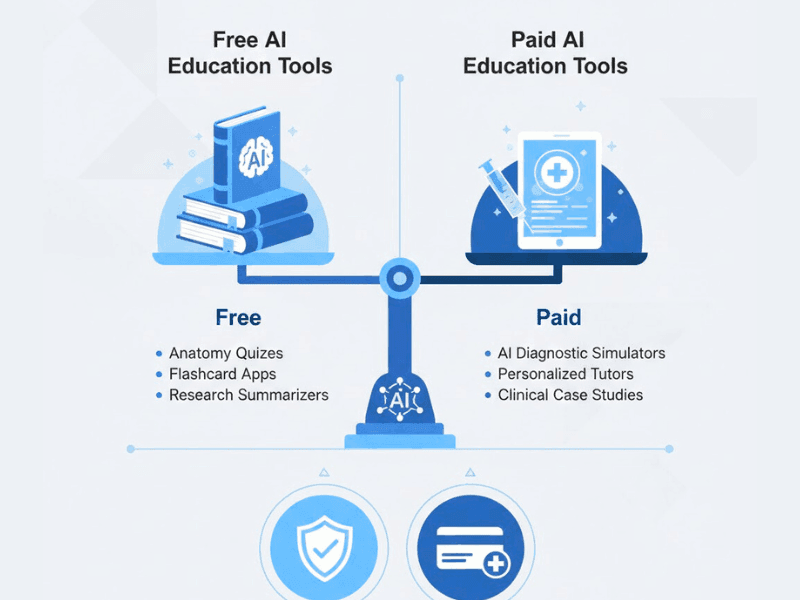Infographic scales comparing free vs paid best AI for medical students tools with medical icons.
