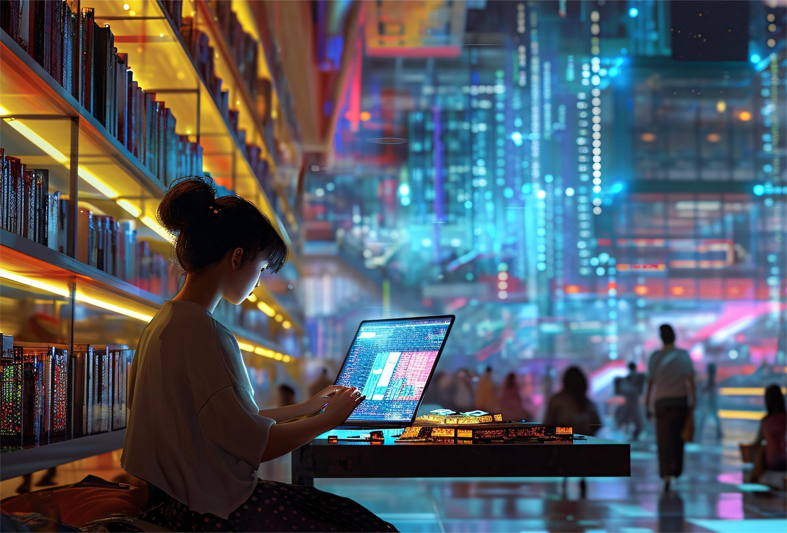 Young woman working remotely on a futuristic laptop in a digital city library, symbolizing AI prompt writing in a modern tech world