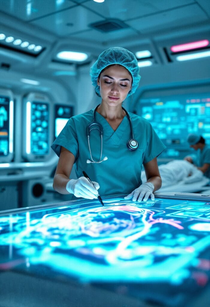 A robotic nurse or AI assistant in a futuristic hospital environment, interacting with real nurse, assisting with patient care digitally. Clean sci‑fi aesthetic with soft blue lights