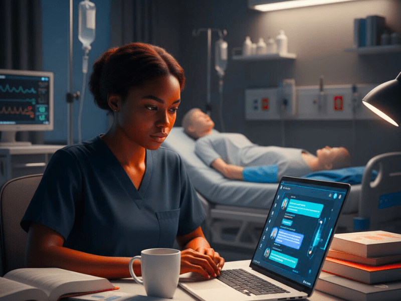 Nursing student using the best AI for nursing students in 2025 to study online in a clinical environment at night.