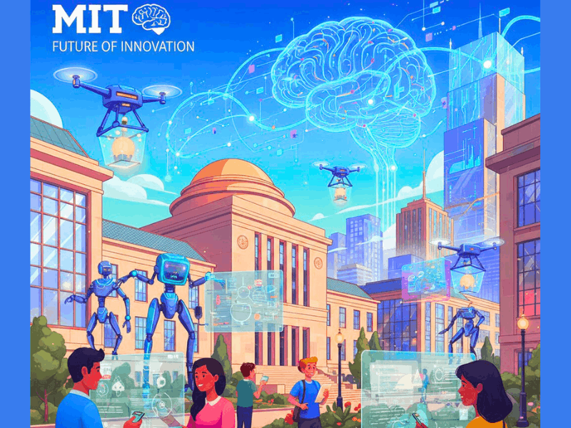 Top 7 AI Courses MIT Offers That Are Changing the Future of Tech 2 MIT campus with futuristic AI innovation, neural networks, robots and students – AI Courses MIT.