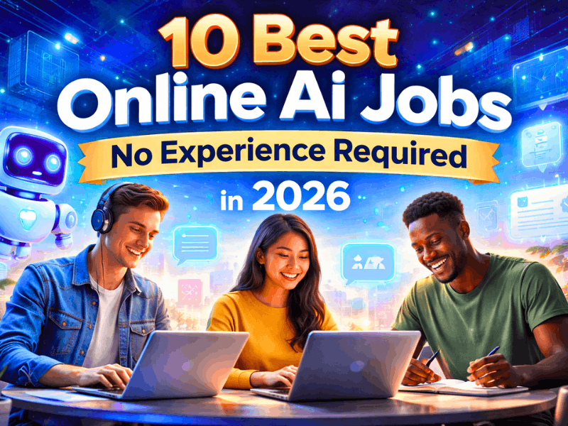 Online AI jobs with no experience in 2026 beginners working from home on laptops earning money with AI side hustles and data annotation tasks.