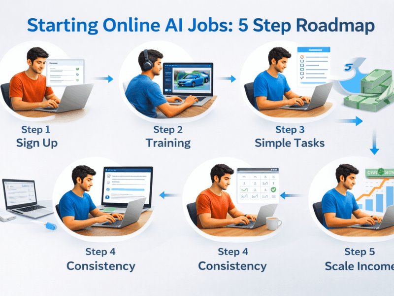 Online AI Jobs No Experience – 5 step roadmap for beginners to start AI microtasks.