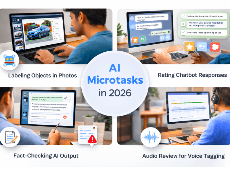 Online AI Jobs No Experience – AI microtasks in 2026 including data labeling, chatbot rating, fact-checking and voice tagging.