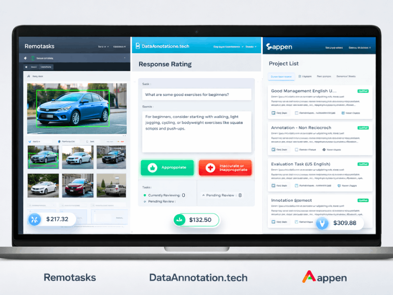 Online AI Jobs No Experience – Remotasks, DataAnnotation.tech and Appen platforms dashboard for beginners.