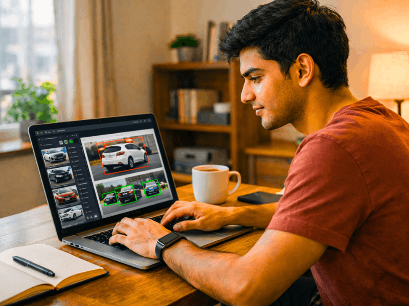 Online AI Jobs No Experience – beginner doing AI data annotation on laptop from home.