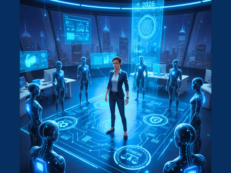 10 Best AI Courses for Product Managers (2026) 7 Motivational 2026 product manager leading AI agents in futuristic office, roadmap with agentic systems and ethical AI, from best AI courses for product managers.