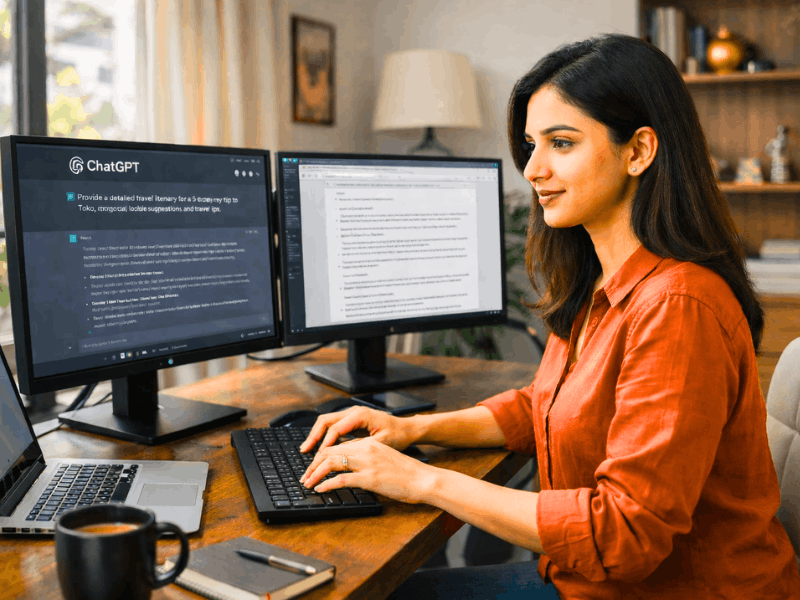 AI Prompt Engineer Jobs Remote - Young professional working from home with dual monitors and ChatGPT interface.