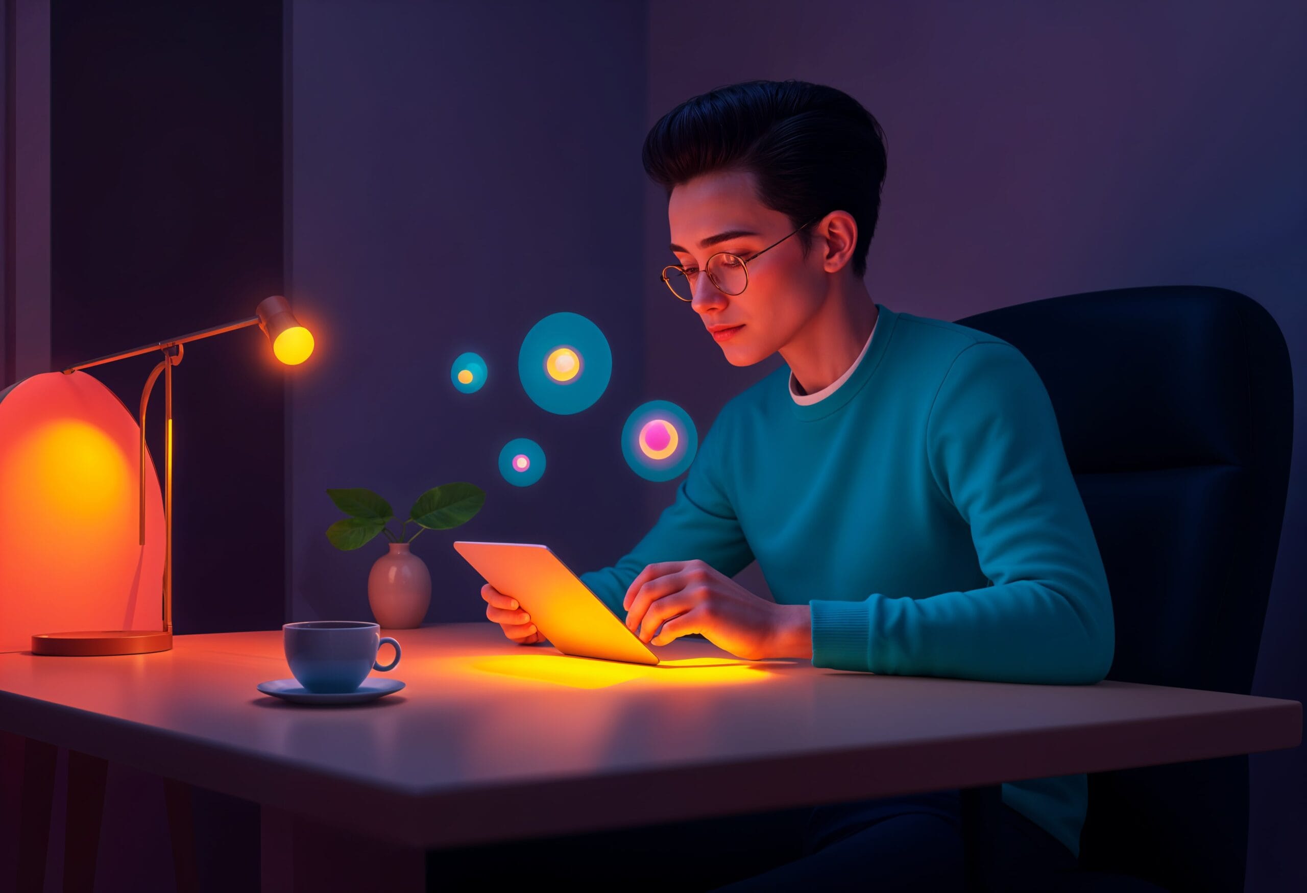 Happy professional working remotely in Teaching AI Jobs, laptop screen showing AI tools