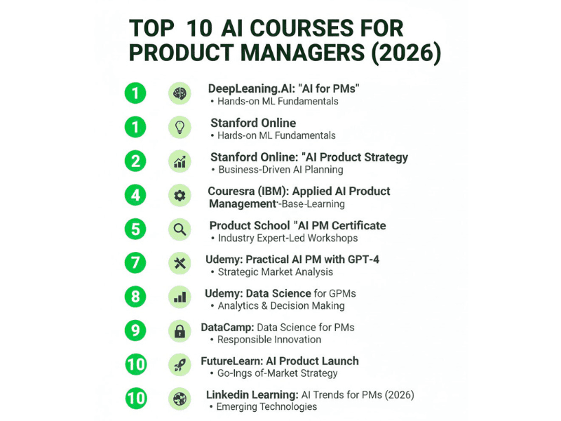 10 Best AI Courses for Product Managers (2026) 3 Top 10 best AI courses for product managers 2026 infographic with numbered list, icons, and key strengths.