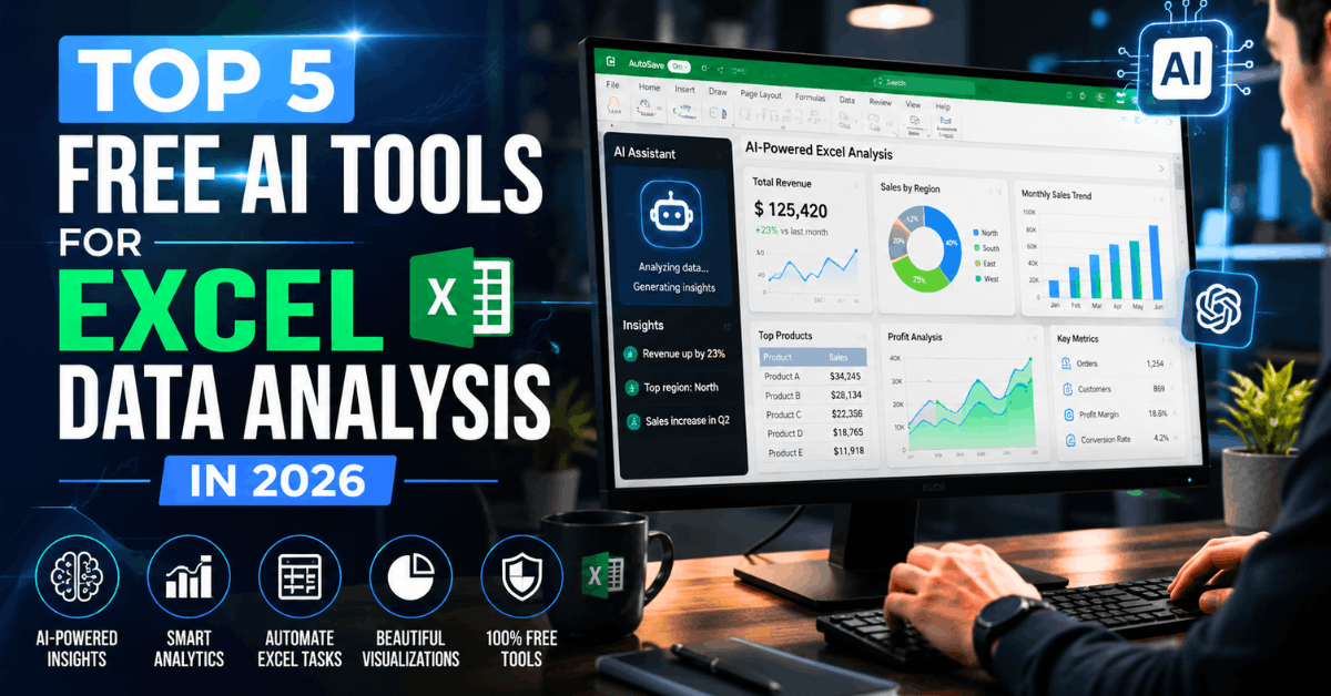 Top 5 free AI tools for Excel data analysis in 2026 featuring AI-powered spreadsheet automation, Excel dashboards, data visualization, and smart business insights.
