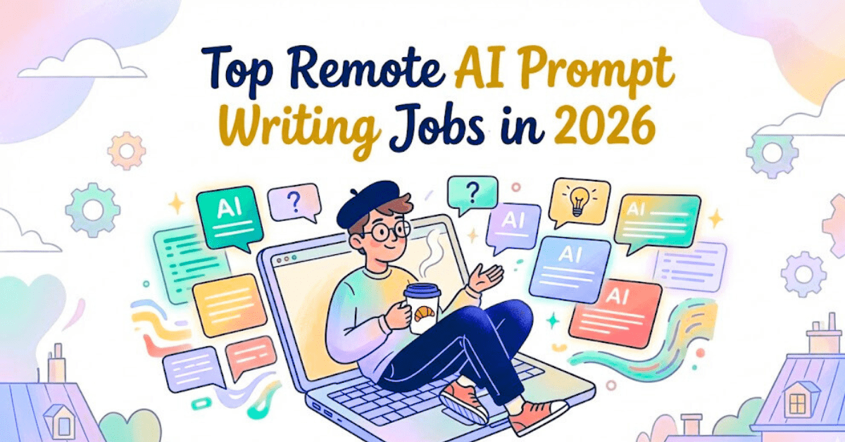 Top remote AI prompt writing jobs in 2026 showing a professional working remotely with AI prompt concepts and futuristic technology visuals.