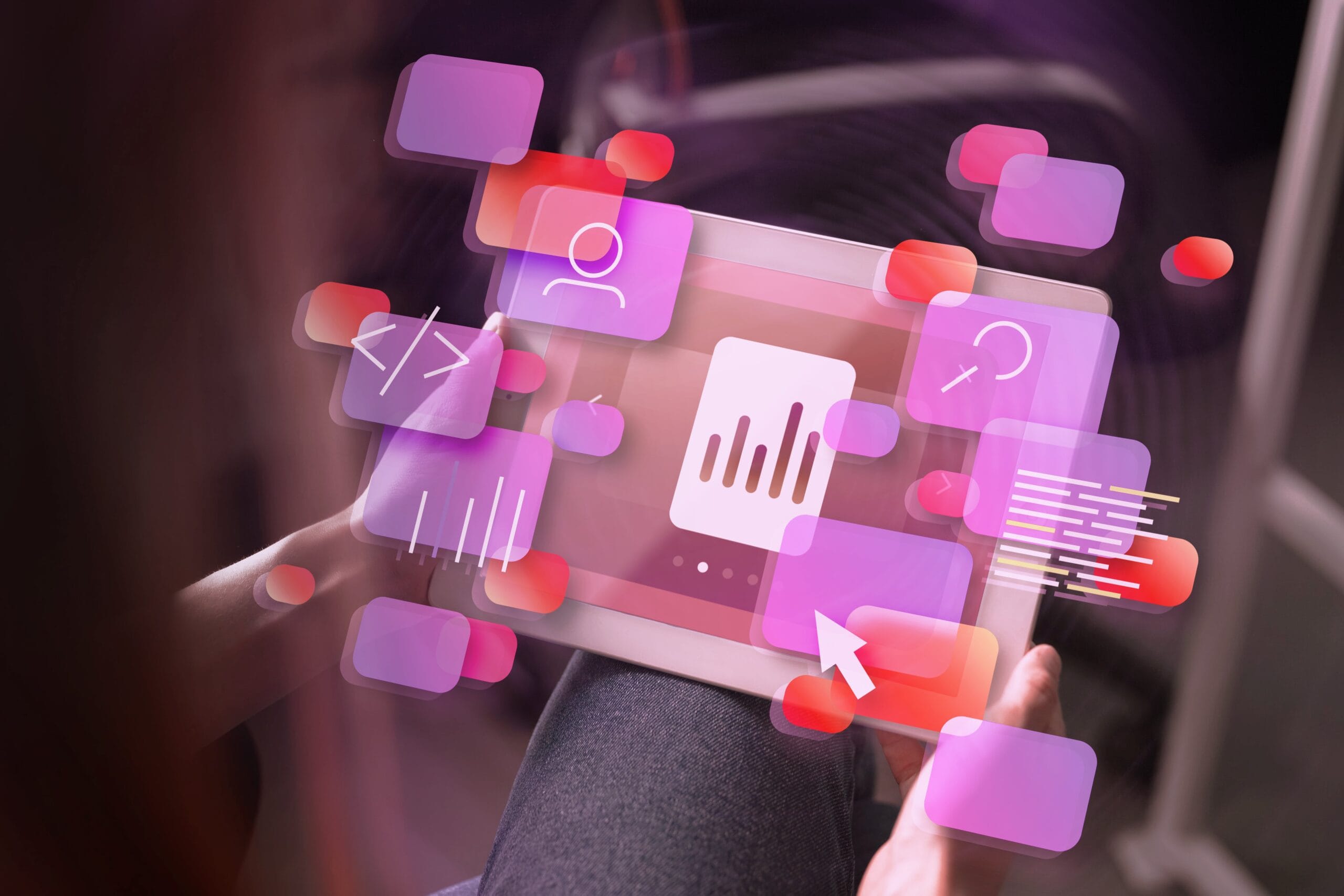 Person using a digital tablet with floating UI elements and code icons, visualizing practical applications of AI prompt engineer courses like automation, content creation, and data analysis.
