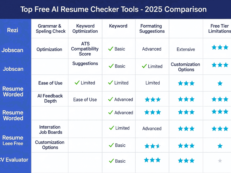 2025 comparison chart of top resume checker AI free tools including Rezi, Jobscan, and Resume Worded showing features like keyword optimization, formatting suggestions, and free tier ratings