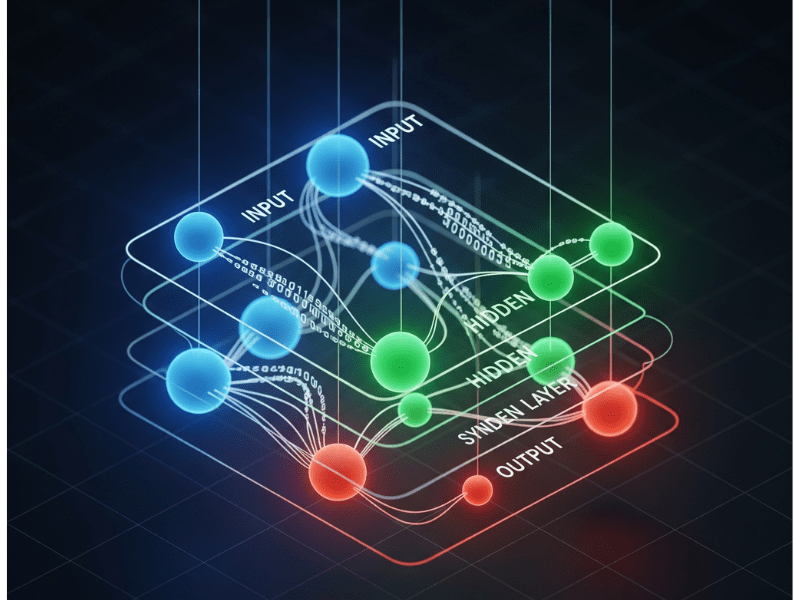 3D isometric diagram of a neural network with labeled input, hidden, and output layers, representing data flow and learning process in machine learning skills.