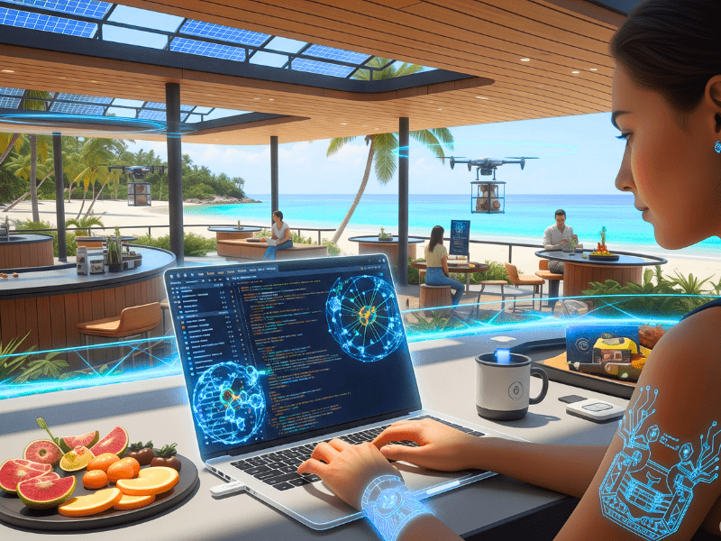 A remote AI engineer working on gen ai jobs from a tropical beach café using futuristic tools and coding interfaces