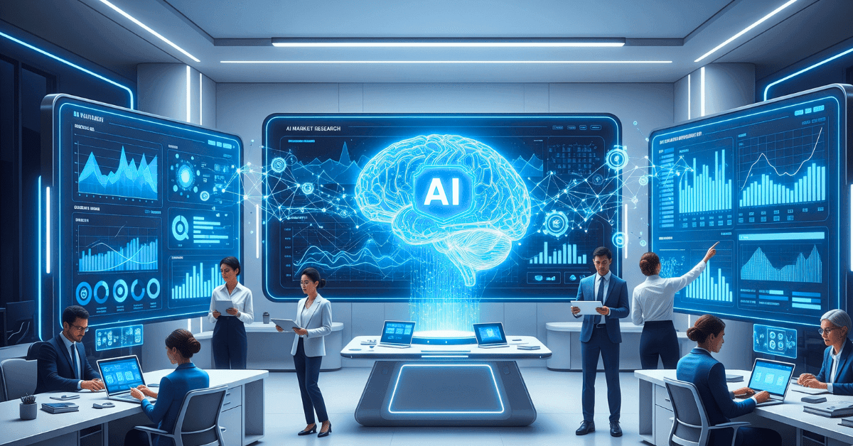 AI Market Research Tools in 2025 with futuristic dashboards, charts, and business insights